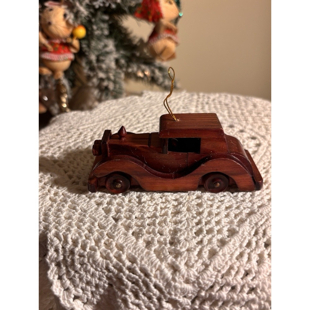 Wooden Classic Car Christmas Ornament Miniature Rolling Wheels Brown Vintage